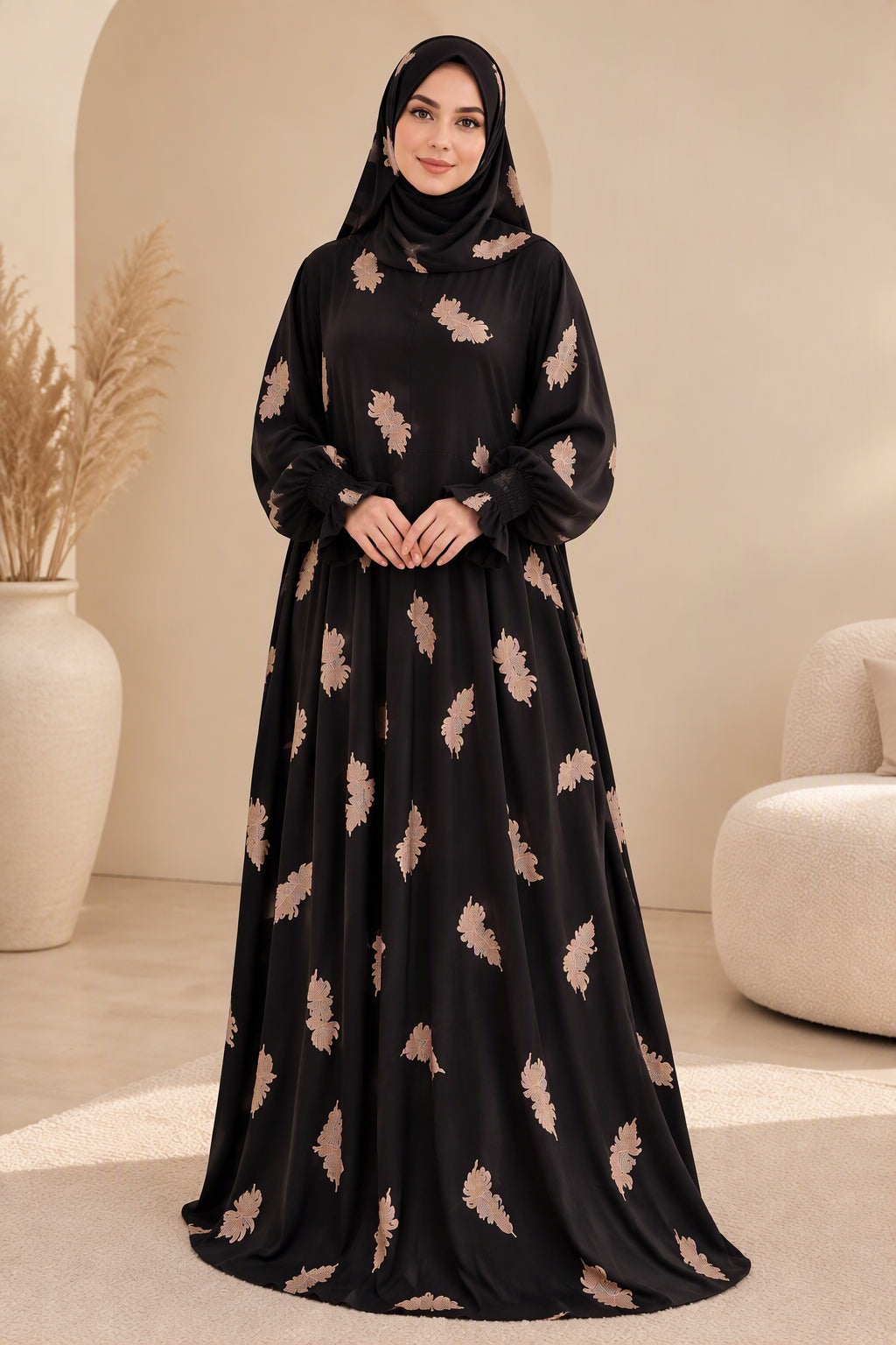 Gebedsjurk van 100% Katoen met Geïntegreerde hijab .Bladerenprint . One Size