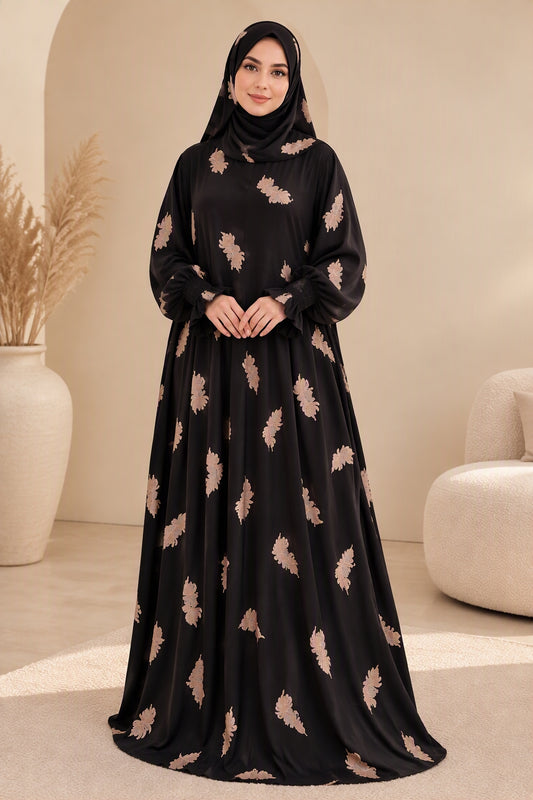 Gebedsjurk van 100% Katoen met Geïntegreerde hijab .Bladerenprint . One Size