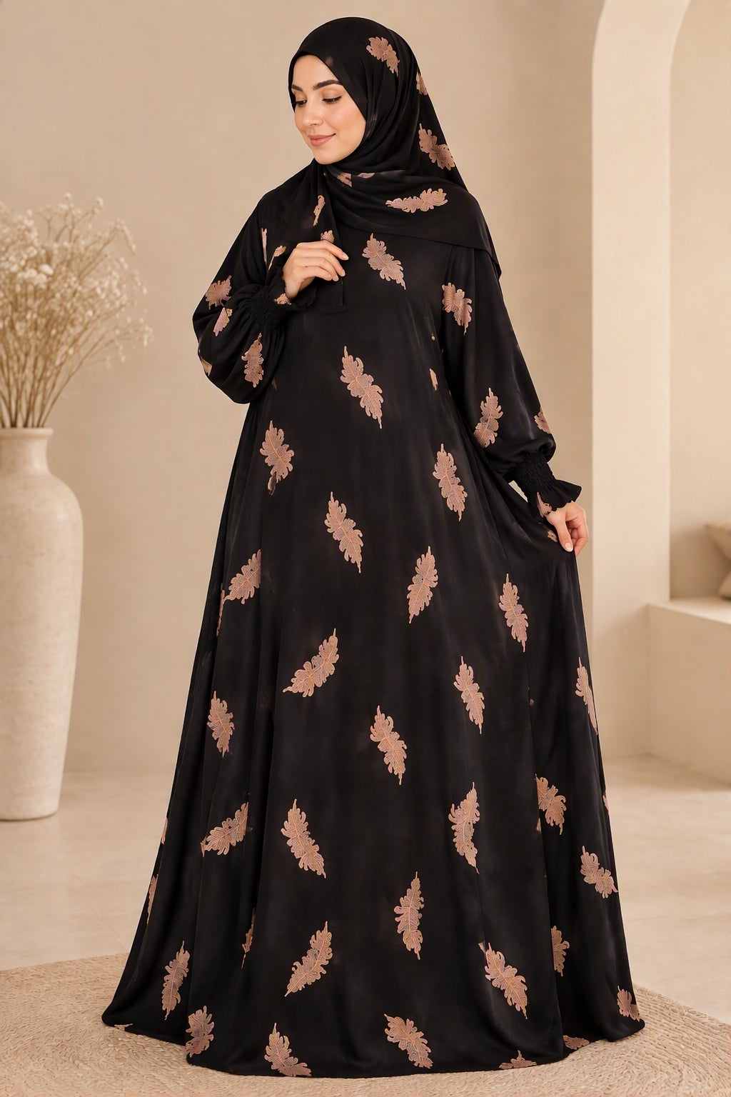 Gebedsjurk van 100% Katoen met Geïntegreerde hijab .Bladerenprint . One Size