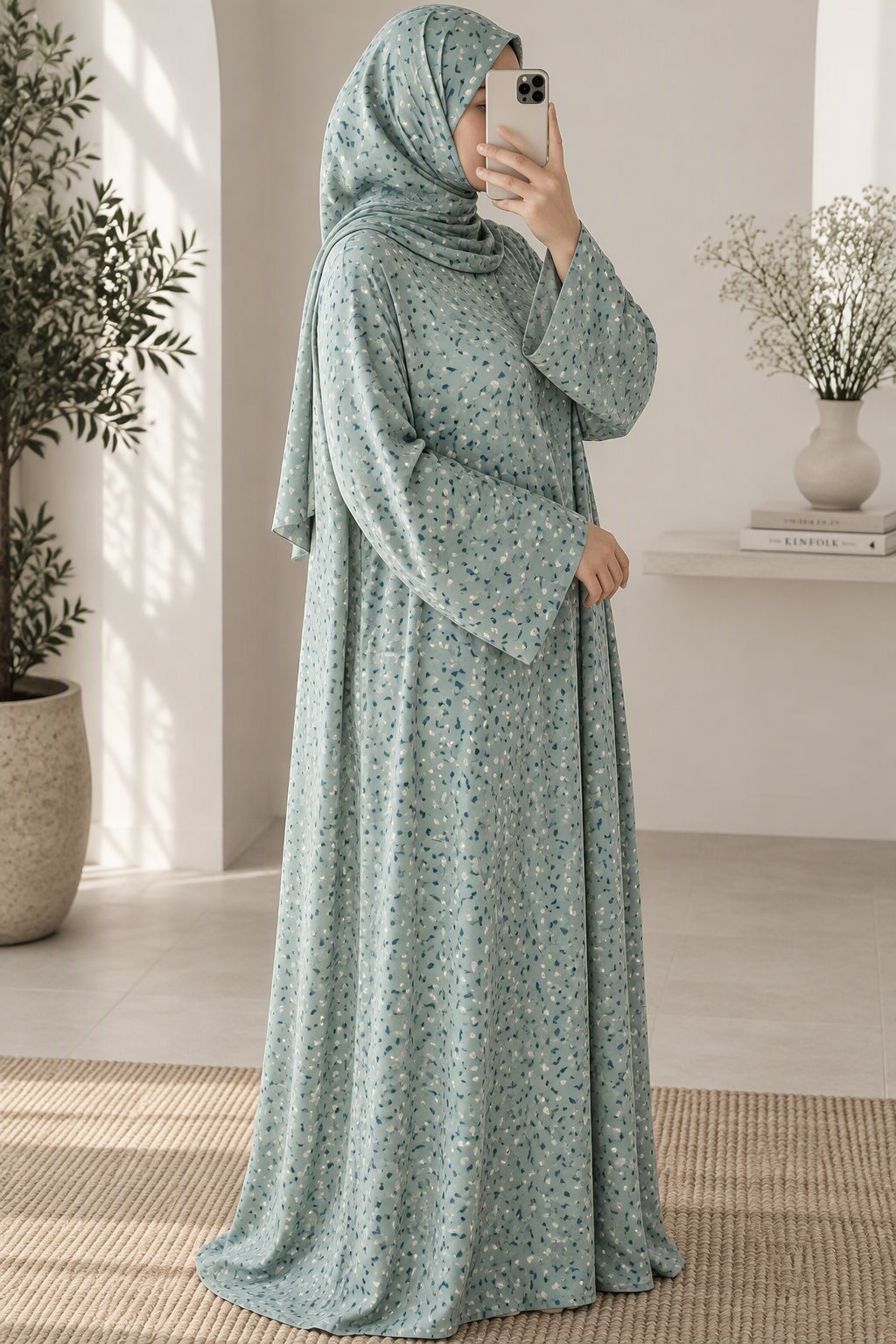Gebedsjurk van 100% Katoen met Geïntegreerde Khimar | Zeegroene Print | One Size