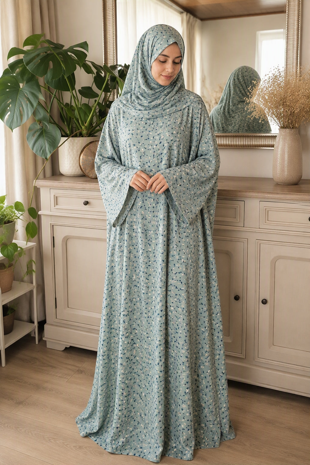 Gebedsjurk van 100% Katoen met Geïntegreerde Khimar | Zeegroene Print | One Size