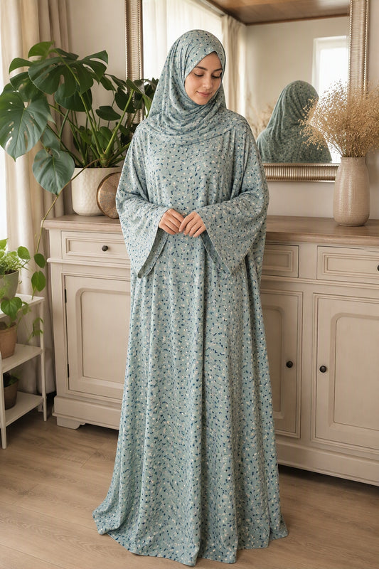 Gebedsjurk van 100% Katoen met Geïntegreerde Khimar | Zeegroene Print | One Size